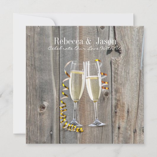 素朴な納屋の木材 シャンパン ウエスタン カントリー ウェディング 招待状 (正面)