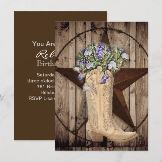 素朴な納屋の木材 ワイルドフラワー ウェスタン カントリーカウボーイ 招待状 (正面/裏面)