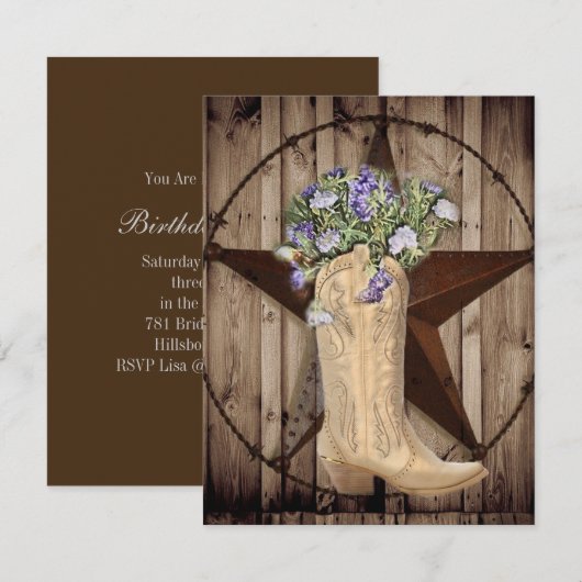 素朴な納屋の木材 ワイルドフラワー カウボーイ ウエスタンスター 招待状 (正面/裏面)