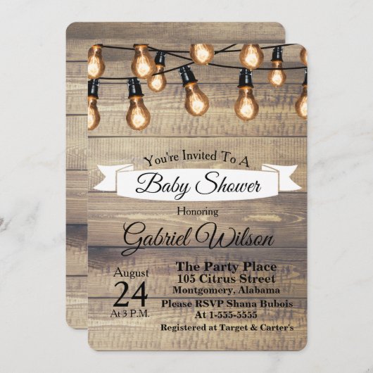 素朴な納屋の木製のエジソンの球根及びリボンのベビーシャワー 招待状 (正面/裏面)