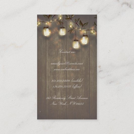 素朴な納屋の木製のメーソンジャーのひもは木をつけます 名刺 (裏面)