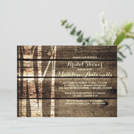 素朴な納屋の木製の樺の木の冬のブライダルシャワー 招待状 (スタンド正面)