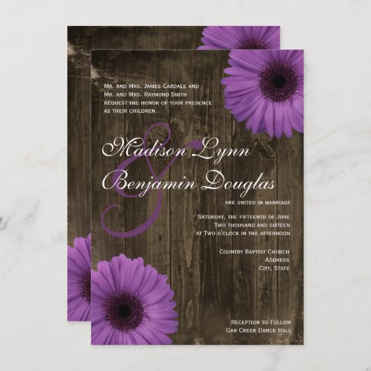 素朴な納屋の木製の紫色のデイジーの結婚式招待状 招待状 (正面/裏面)