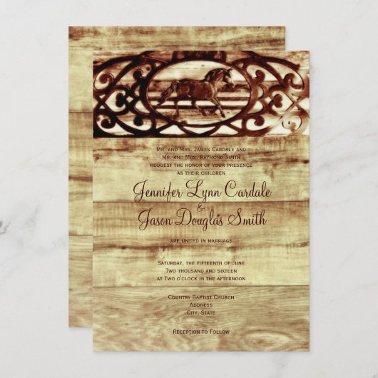 素朴な納屋の木製の馬の結婚式招待状 招待状 (正面/裏面)