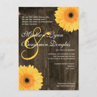 素朴な納屋の木製の黄色いデイジーの結婚式招待状 招待状