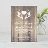 素朴な納屋の木製及び白いシカの(雄ジカの)枝角の結婚 招待状 (スタンド正面)