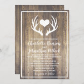 素朴な納屋の木製及び白いシカの(雄ジカの)枝角の結婚 招待状 (正面/裏面)