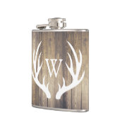 素朴な納屋の木製及び白いシカの(雄ジカの)枝角 フラスク (左)