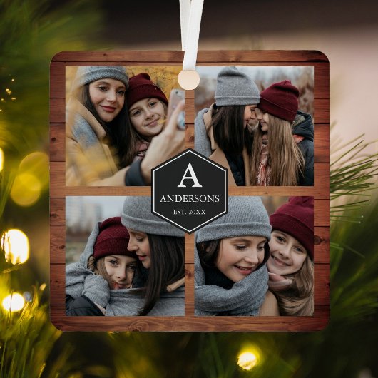 素朴な納屋の木製 4 枚の家族写真コラージュ メタルオーナメント