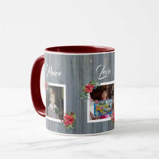 素朴な納屋の板とポインセチア | 家族3人の写真 マグカップ (正面左)