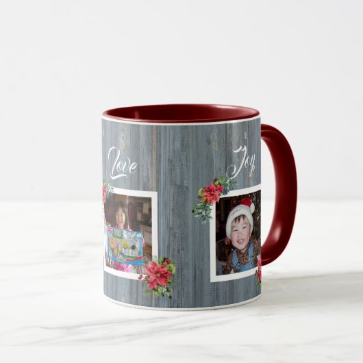 素朴な納屋の板とポインセチア | 家族3人の写真 マグカップ (正面右)