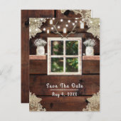 素朴な納屋の窓の木とメイソンジャー セーブ・ザ・デート 案内ポストカード (正面/裏面)