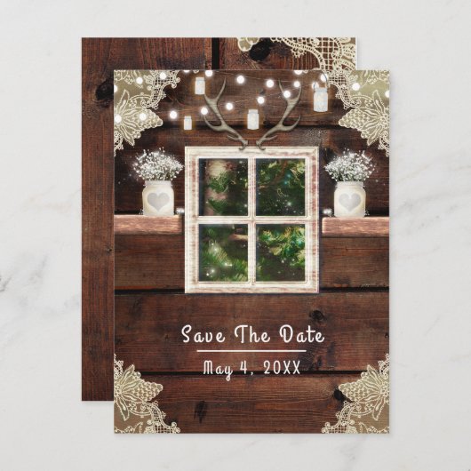 素朴な納屋の窓の木とメイソンジャー セーブ・ザ・デート 案内ポストカード (正面/裏面)