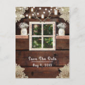 素朴な納屋の窓の木とメイソンジャー セーブ・ザ・デート 案内ポストカード (正面)