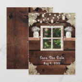 素朴な納屋の窓、木、メイソンジャー　Save the Date 案内ポストカード (正面/裏面)