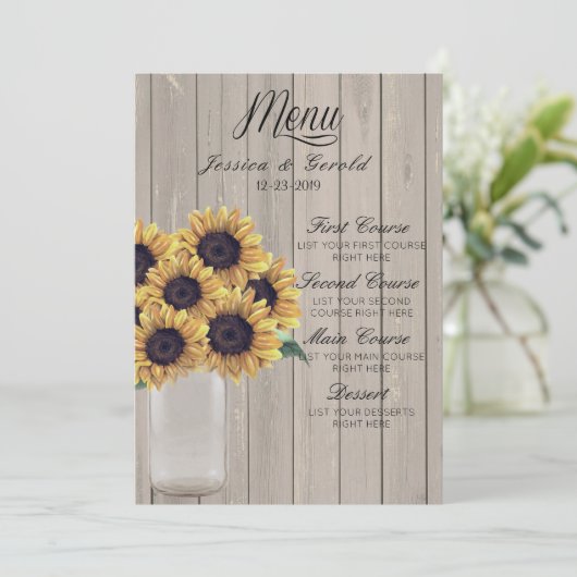 素朴な納屋の結婚式の木製のメーソンジャーのヒマワリ メニュー (スタンド正面)