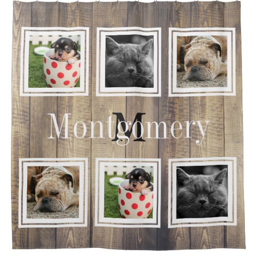 素朴な納屋木6つの家族写真及び姓 シャワーカーテン (正面)