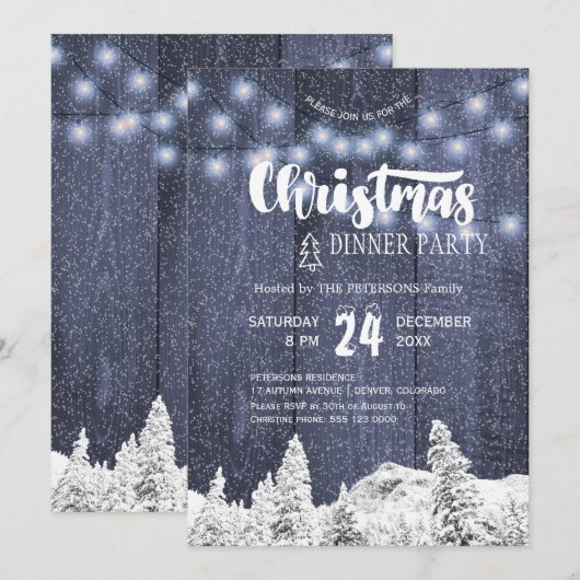 素朴な紐のライト 白 青 クリスマス パーティー 招待状 (正面/裏面)