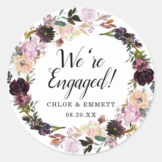 素朴な紫とピンクの花のエンゲージメント ラウンドシール (正面)