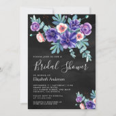 素朴な紫のアネモネの花束　ブラック　ブライダルシャワー 招待状 (正面)
