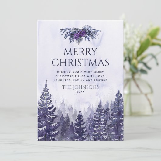 素朴な紫色の水の色の松の森クリスマス シーズンカード (スタンド正面)