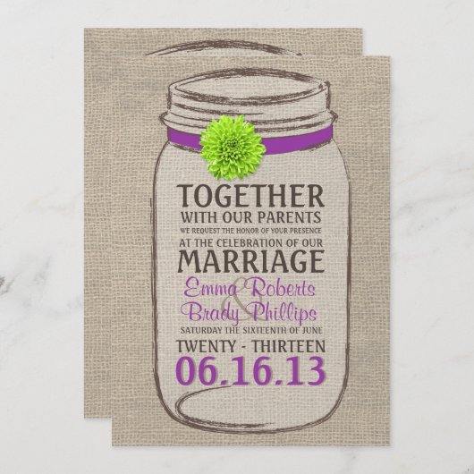 素朴な紫色及び緑のメーソンジャーの結婚式招待状 招待状 (正面/裏面)