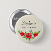 素朴な結婚式のゲストの赤いケシの水彩画および名前 缶バッジ (正面&裏面)