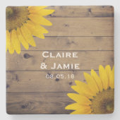 素朴な結婚式のヒマワリの木製の国のモノグラム ストーンコースター (正面)