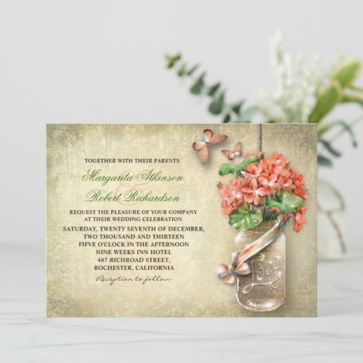 素朴な結婚式の招待がメーソンジャーによって及び珊瑚は開花します 招待状 (スタンド正面)