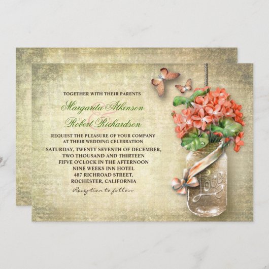 素朴な結婚式の招待がメーソンジャーによって及び珊瑚は開花します 招待状 (正面/裏面)