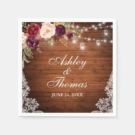 素朴な結婚式の木製ジャー ライト 花のレース スタンダードカクテルナプキン (正面)
