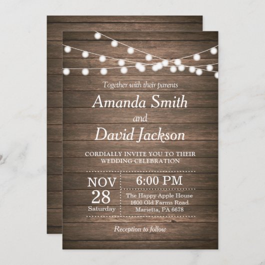 素朴な結婚式招待状の木製の国のヴィンテージ 招待状 (正面/裏面)