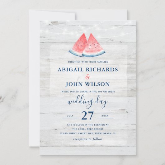 素朴な結婚式海軍珊瑚の水彩画のスイカ 招待状 (正面)