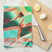 素朴な緑とアクアマリンの上に茶色の縞 キッチンタオル (四つ折り)