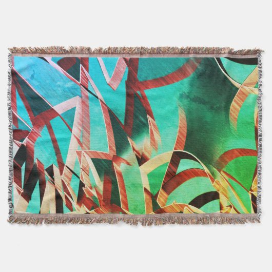 素朴な緑とアクアマリンの上に茶色の縞 スローブランケット (正面)