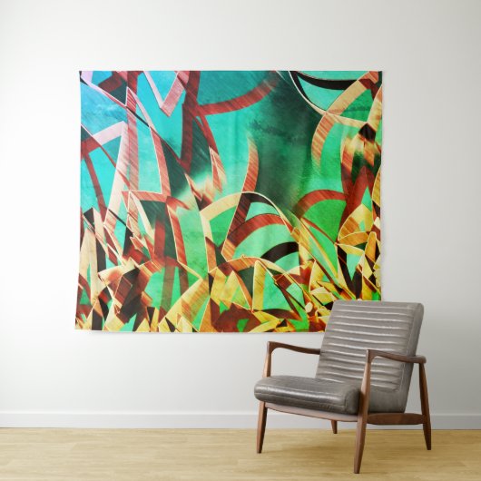 素朴な緑とアクアマリンの上に茶色の縞 タペストリー (インサイチュ(横))