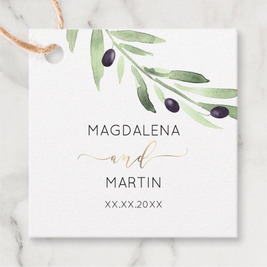 素朴な緑のオリーブの枝結婚式の引き出物ラベル フェイバータグ (正面)