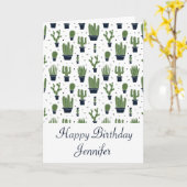 素朴な緑のサボテンの砂漠パターン誕生日 カード (黄色い花)
