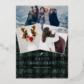 素朴な緑のチェック柄のフリース ミスティルートー スノー 3枚の写真 箔シーズンカード (正面)