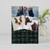 素朴な緑のチェック柄のフリース ミスティルートー 雪の3枚の写真 箔シーズンカード (立ち正面)