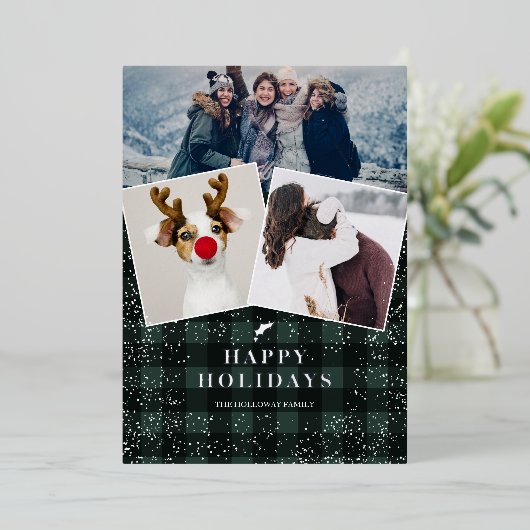 素朴な緑のチェック柄のフリース ミスティルートー 雪の3枚の写真 箔シーズンカード (立ち正面)