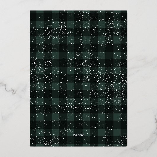 素朴な緑のチェック柄のフリース ミスティルートー 雪の3枚の写真 箔シーズンカード (裏面)