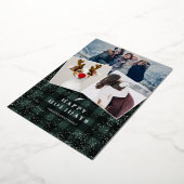 素朴な緑のチェック柄のフリース ミスティル 雪の3枚の写真 箔シーズンカード (回転した状態)