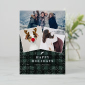 素朴な緑のチェック柄のフリース ミスティル 雪の3枚の写真 箔シーズンカード (立ち正面)