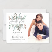 素朴な緑の冬の結婚式　保存日付のお知らせ マグネット招待状 (正面)