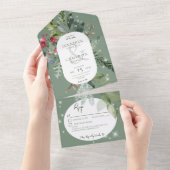 素朴な緑の松とホーリーの冬のスパークル 詳細 オールインワン招待状 (貼ってはがせる)