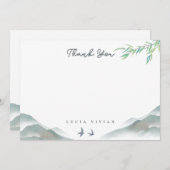 素朴な緑の水彩山柄ブランク サンキューカード (正面/裏面)