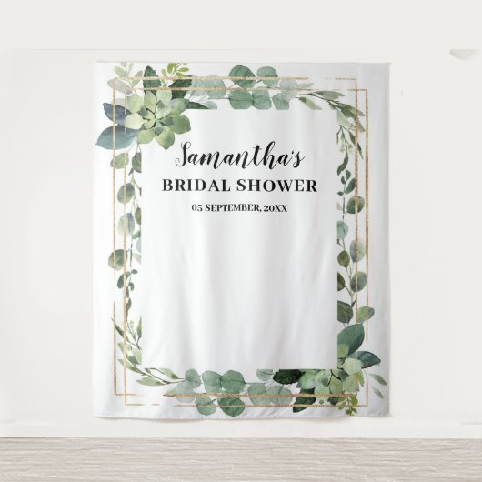 素朴な緑の葉っぱと多肉植物の花のゴールド タペストリー (正面)