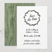 素朴な緑の葉のリース　保存日付 セーブザデート (正面/裏面)