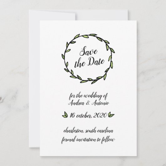 素朴な緑の葉のリース Save the Date セーブザデート (正面)